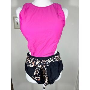 Live Life on the Beach One Piece Swimsuit XL Pink Black‎ Leopard Cutout NWT Bold